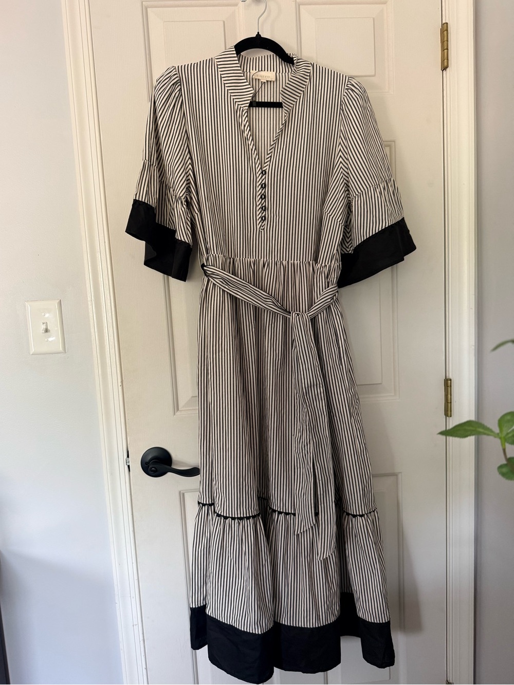entro Black and White Striped Midi Dress with Tie Waist